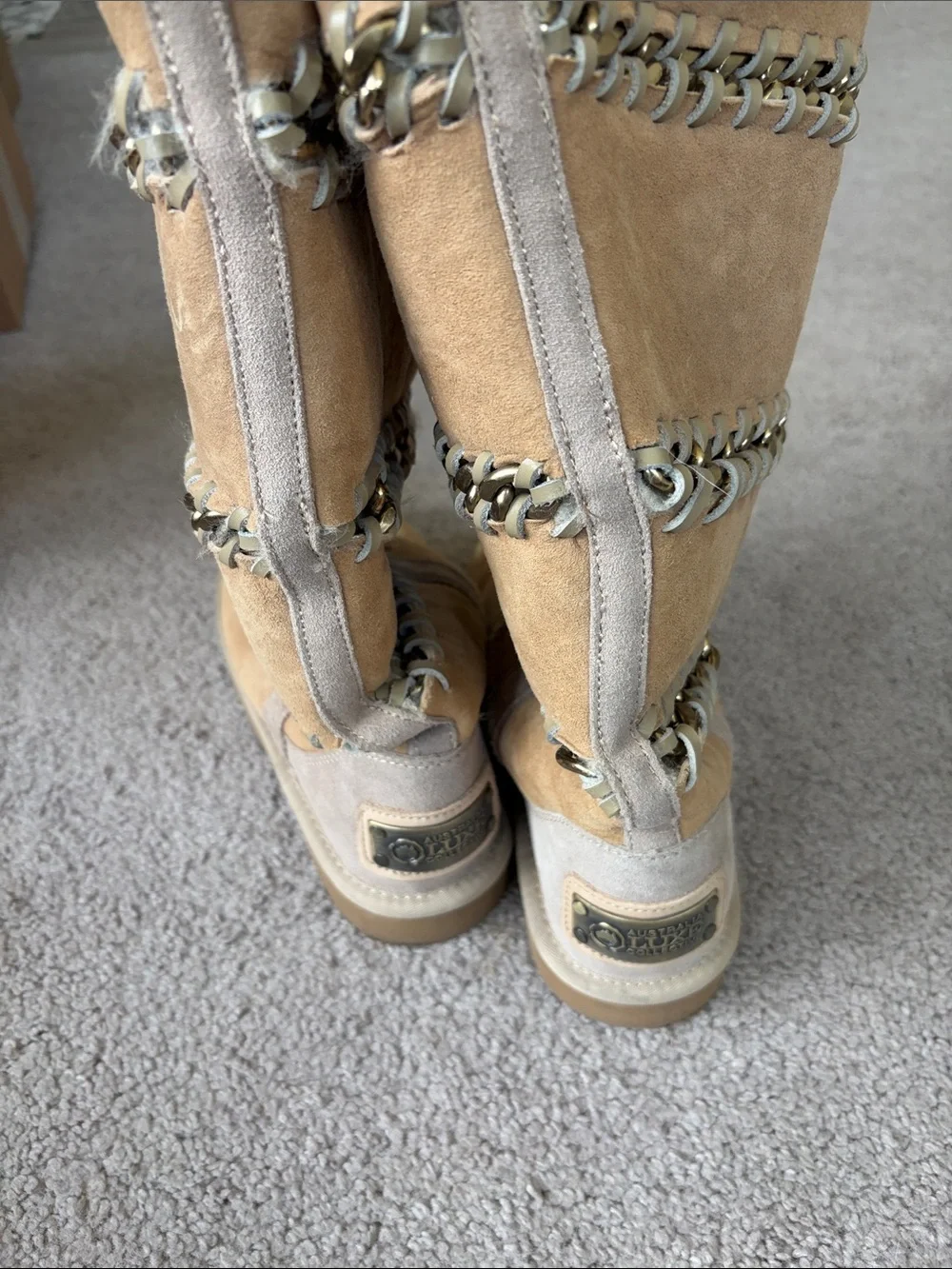 Australia Luxe Collective Tan Suede Shearling Boots with Chain Trim